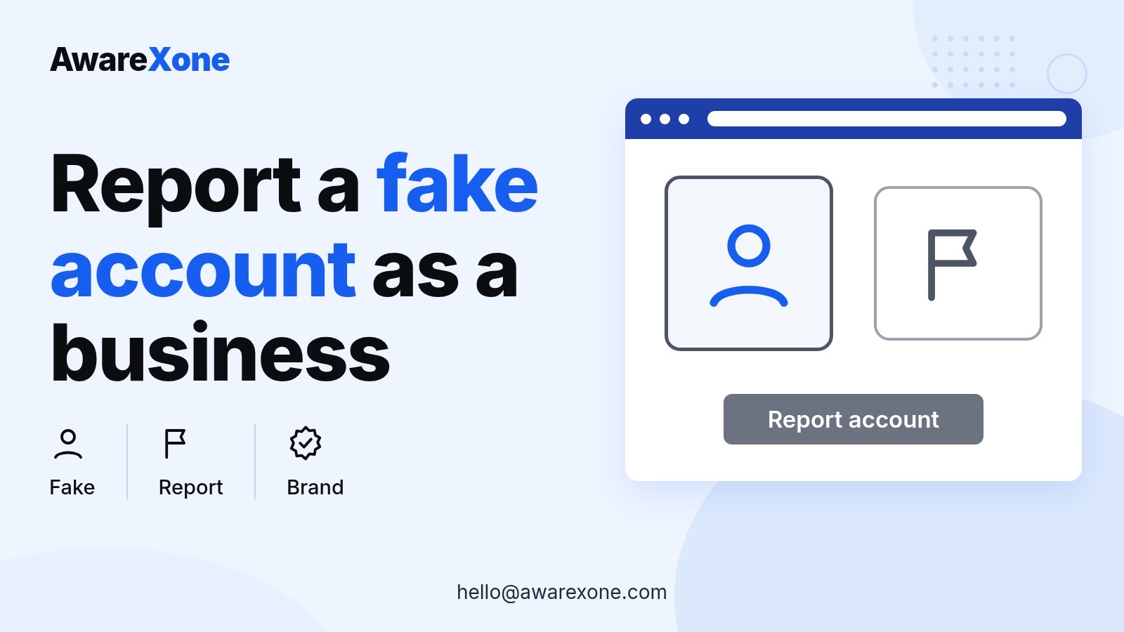 Cover card with a profile and report flag, for businesses reporting fake Instagram accounts.