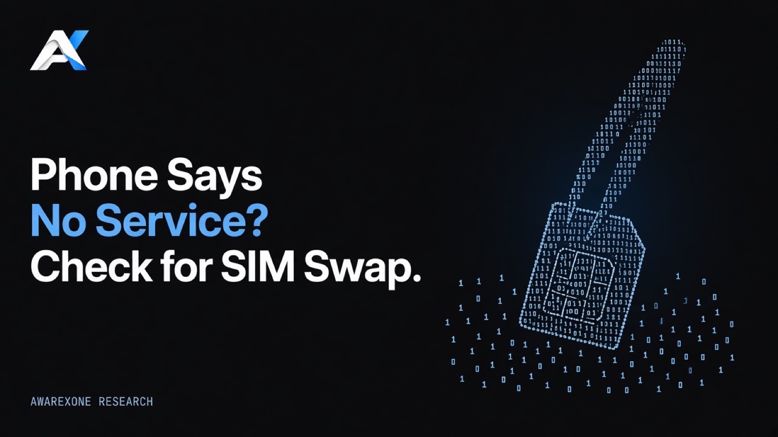 A SIM card held by a pair of tweezers drawn in blue binary digits on a dark background, beside the headline Phone Says No Service? Check for SIM Swap.