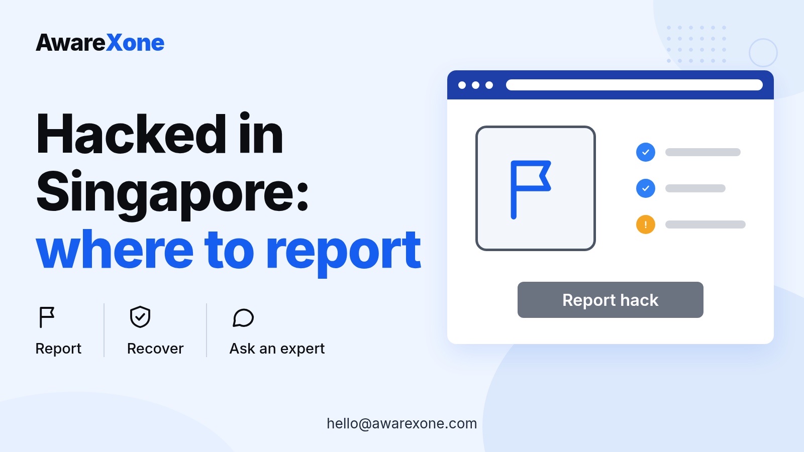 Cover card with a report flag and checklist, for reporting a hacked account in Singapore.