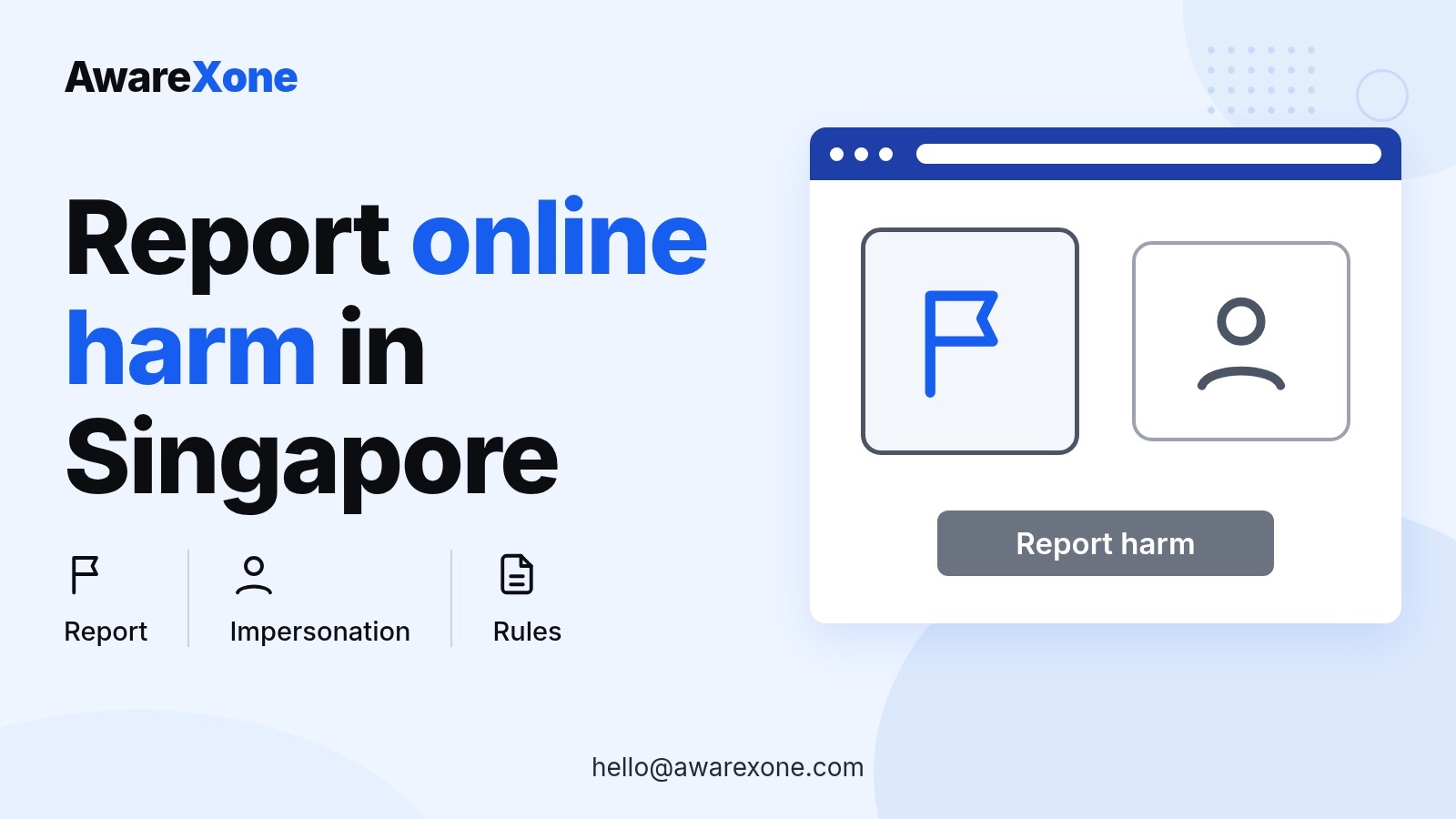 Cover card with a report flag and profile, for reporting Instagram harm or impersonation in Singapore.