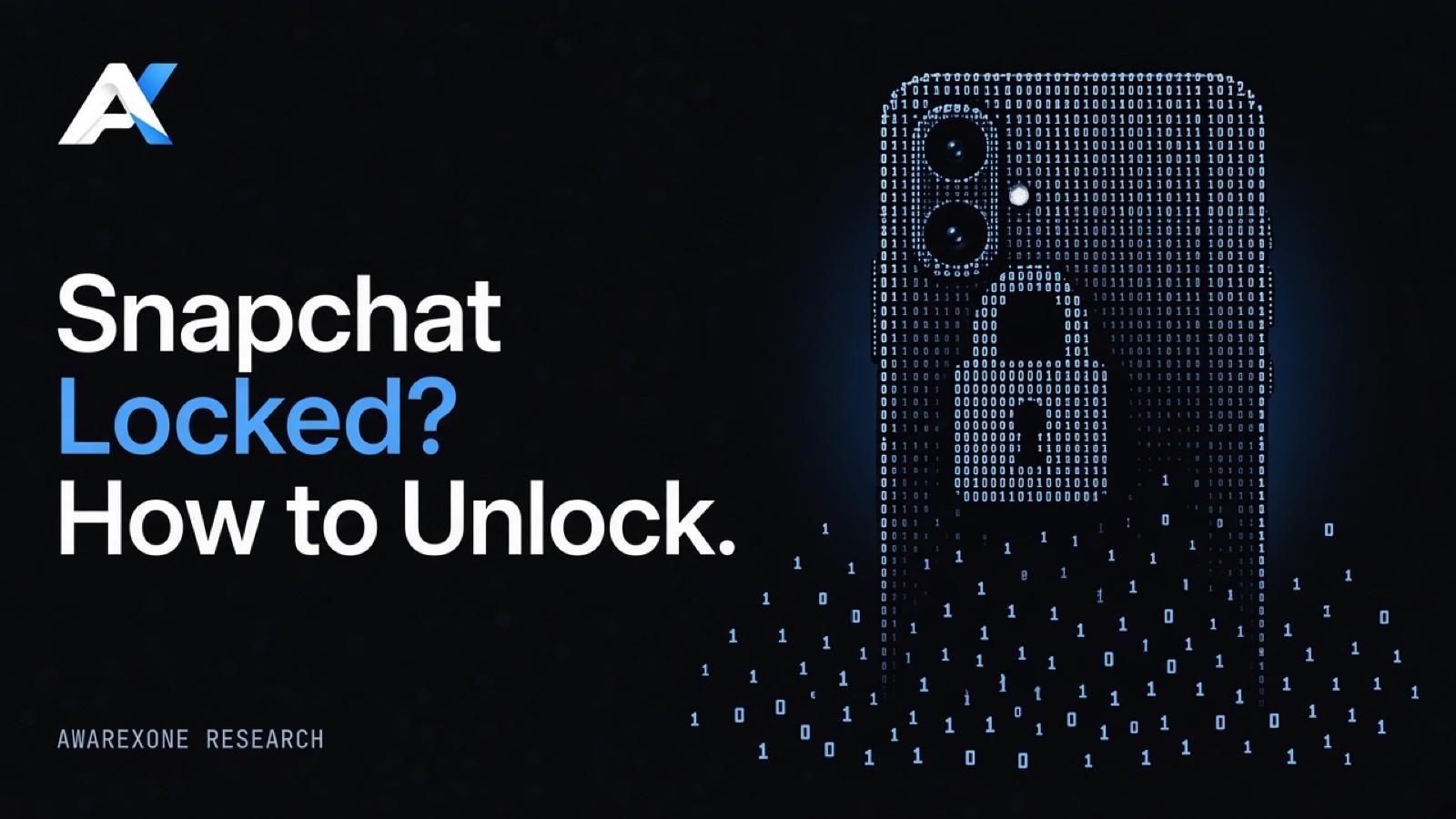 The back of a smartphone with a padlock below its camera lenses drawn in blue binary digits on a dark background, beside the headline Snapchat Locked? How to Unlock.