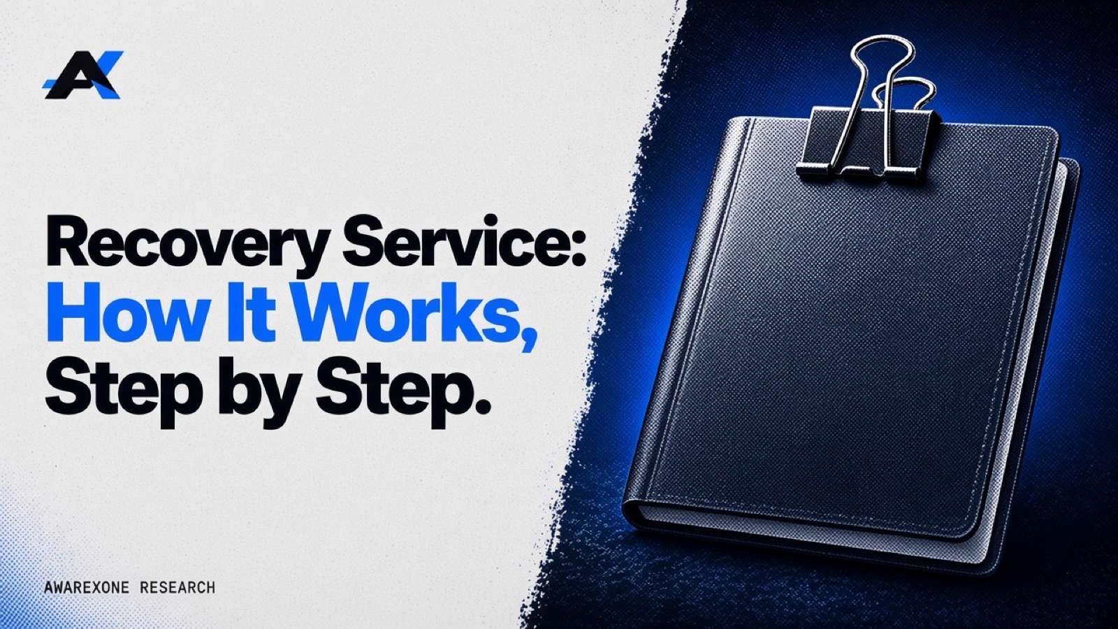 A closed dark case folder held shut with a metal binder clip in blue halftone, beside the headline Recovery Service: How It Works, Step by Step.