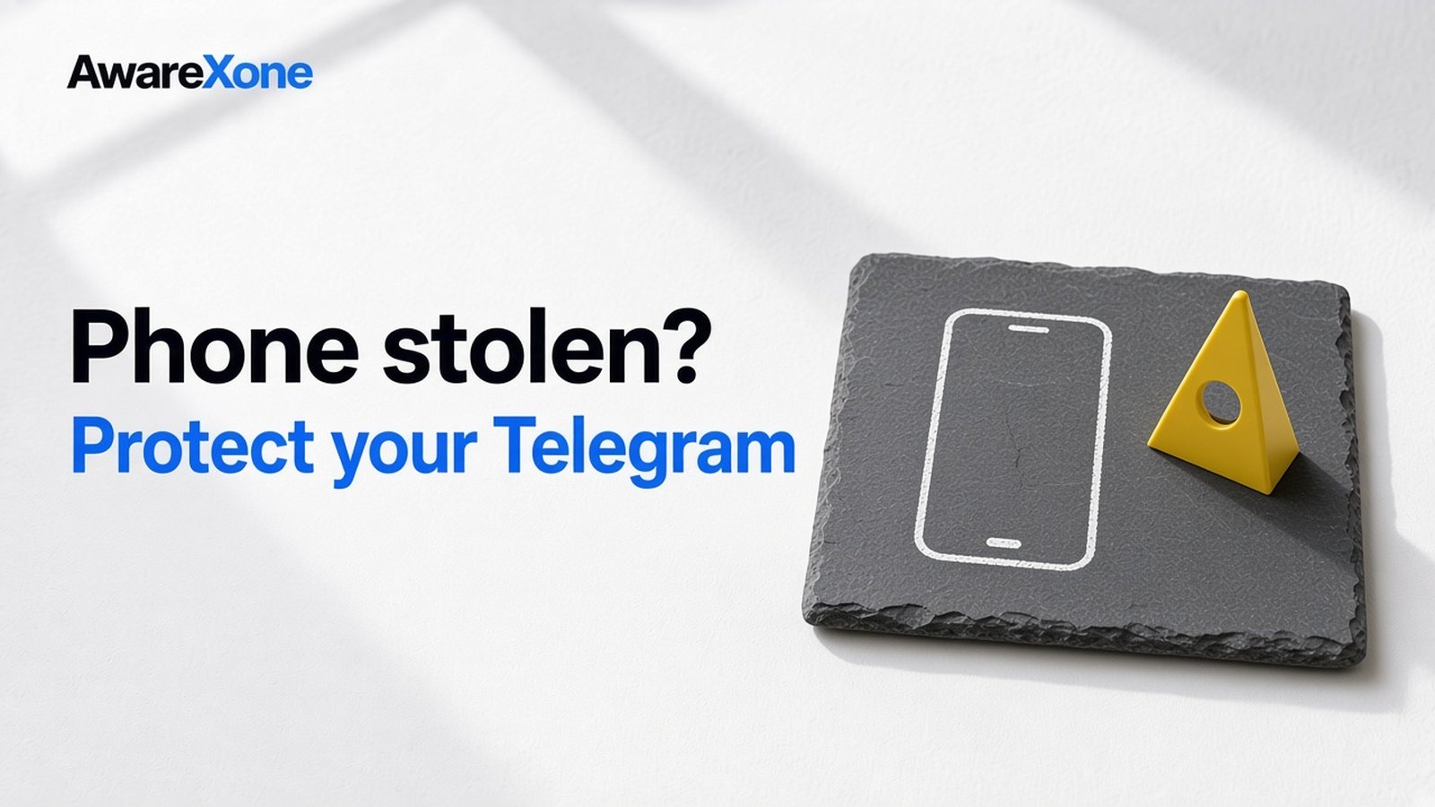 AwareXone Research cover reading 'Phone stolen? Protect your Telegram' beside a photo of a chalk outline of a missing phone on slate beside a yellow marker.