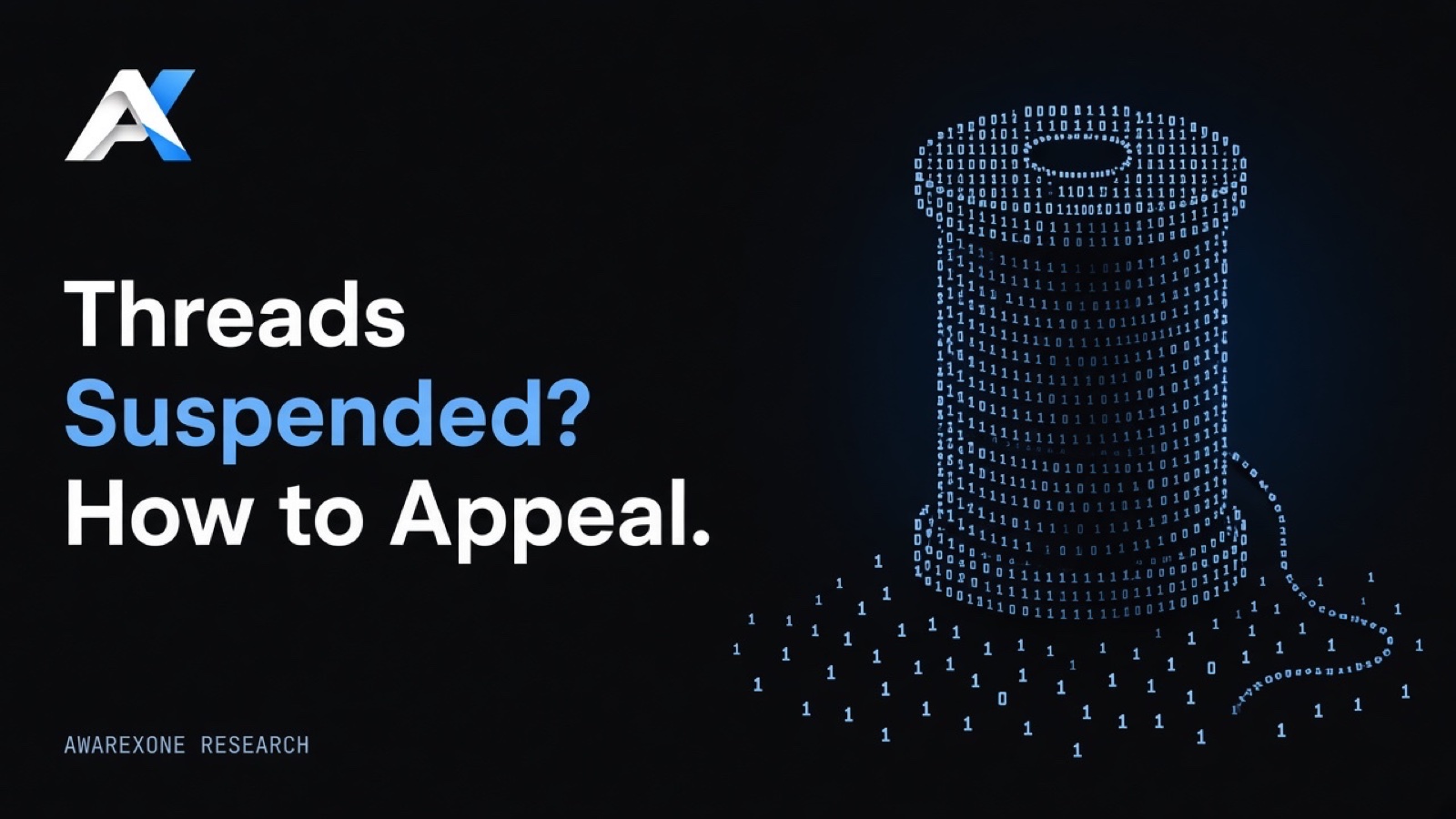 A spool of thread with a loose strand trailing away, drawn in blue binary digits on a dark background, beside the headline Threads Suspended? How to Appeal.