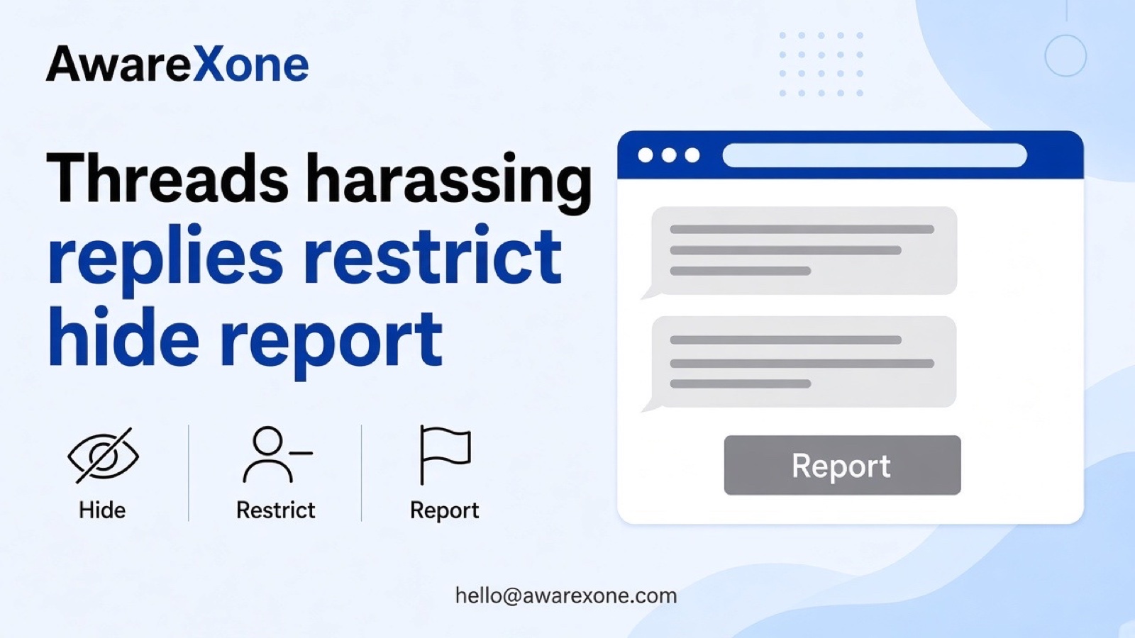 A person looks worried at a phone showing replies in a quiet living room, after searching threads someone harassing me in replies restrict hide report.