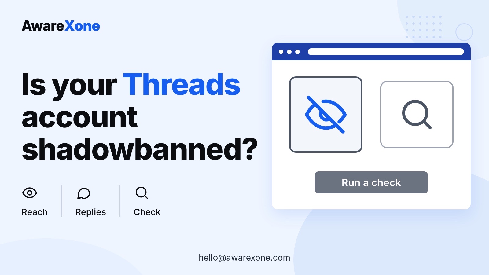 Cover card with a hidden-eye and magnifier, for checking a Threads shadowban and hidden replies.
