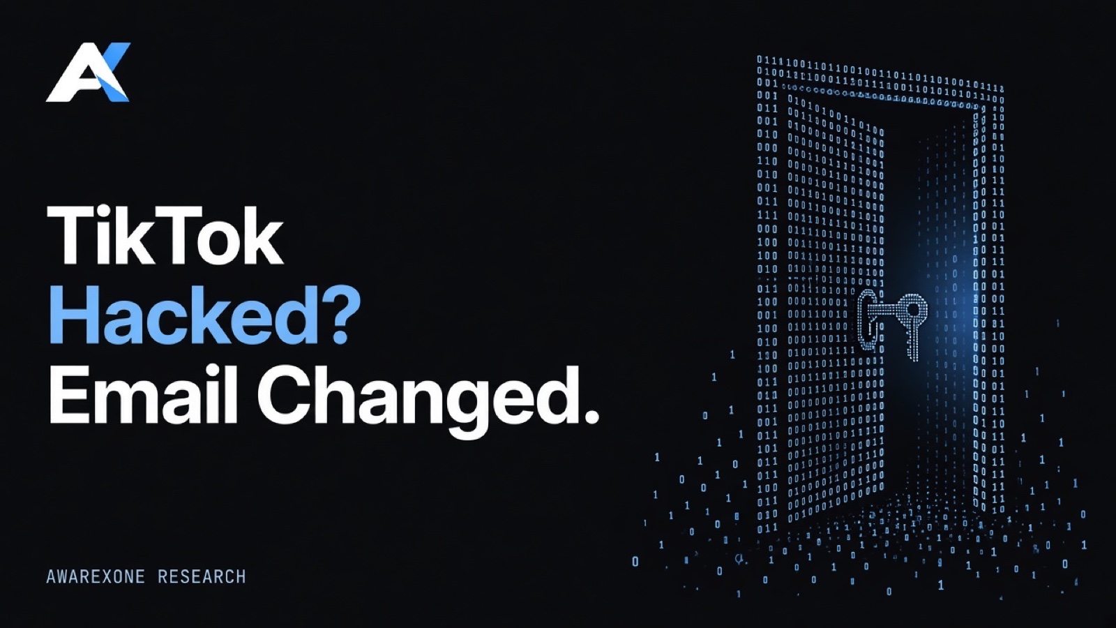 A door standing ajar with a key in its lock drawn in blue binary digits on a dark background, beside the headline TikTok Hacked? Email Changed.