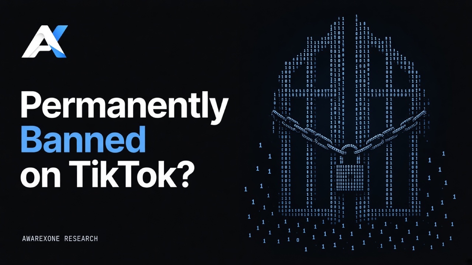 An iron gate closed with a heavy chain and a padlock drawn in blue binary digits on a dark background, beside the headline Permanently Banned on TikTok?