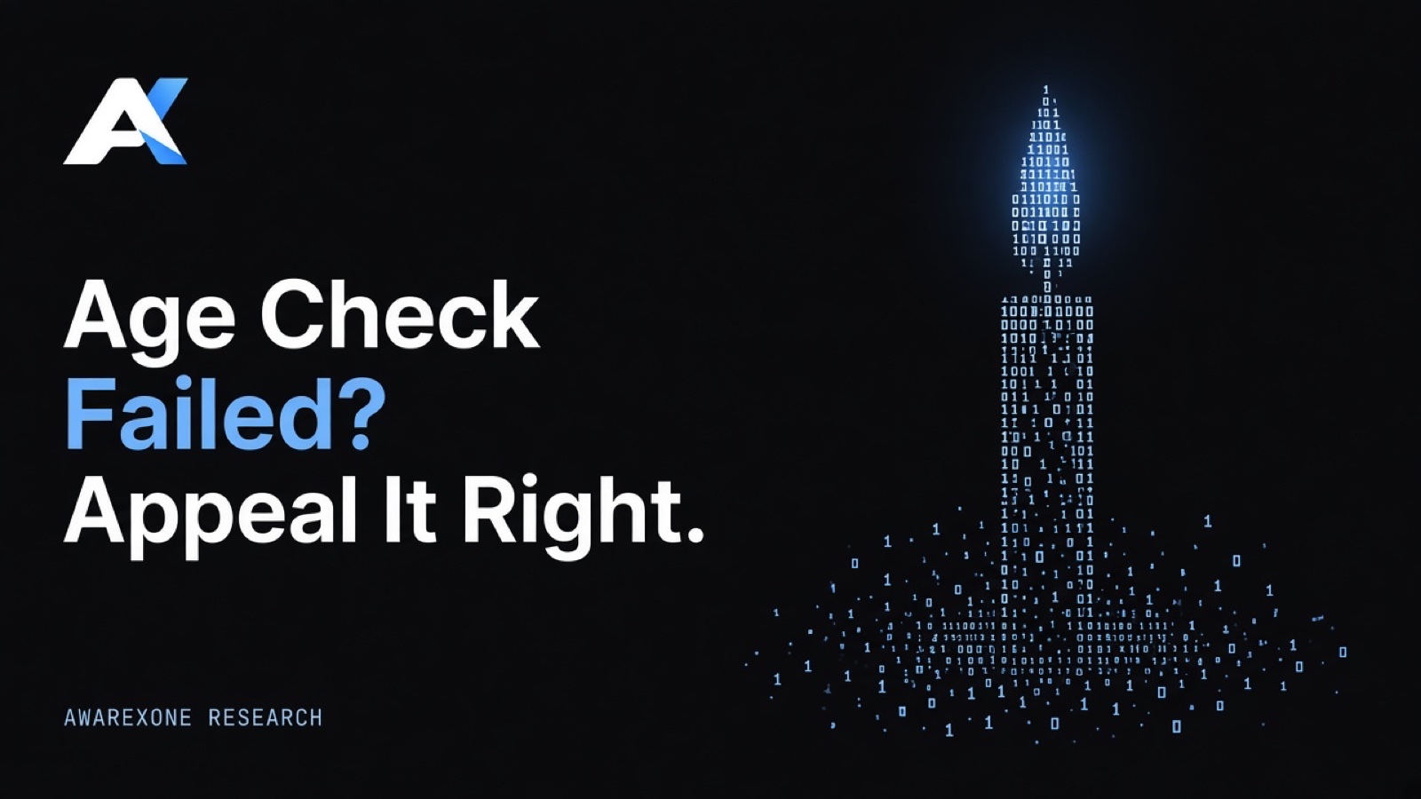 A single lit candle drawn in blue binary digits on a dark background, beside the headline Age Check Failed? Appeal It Right.