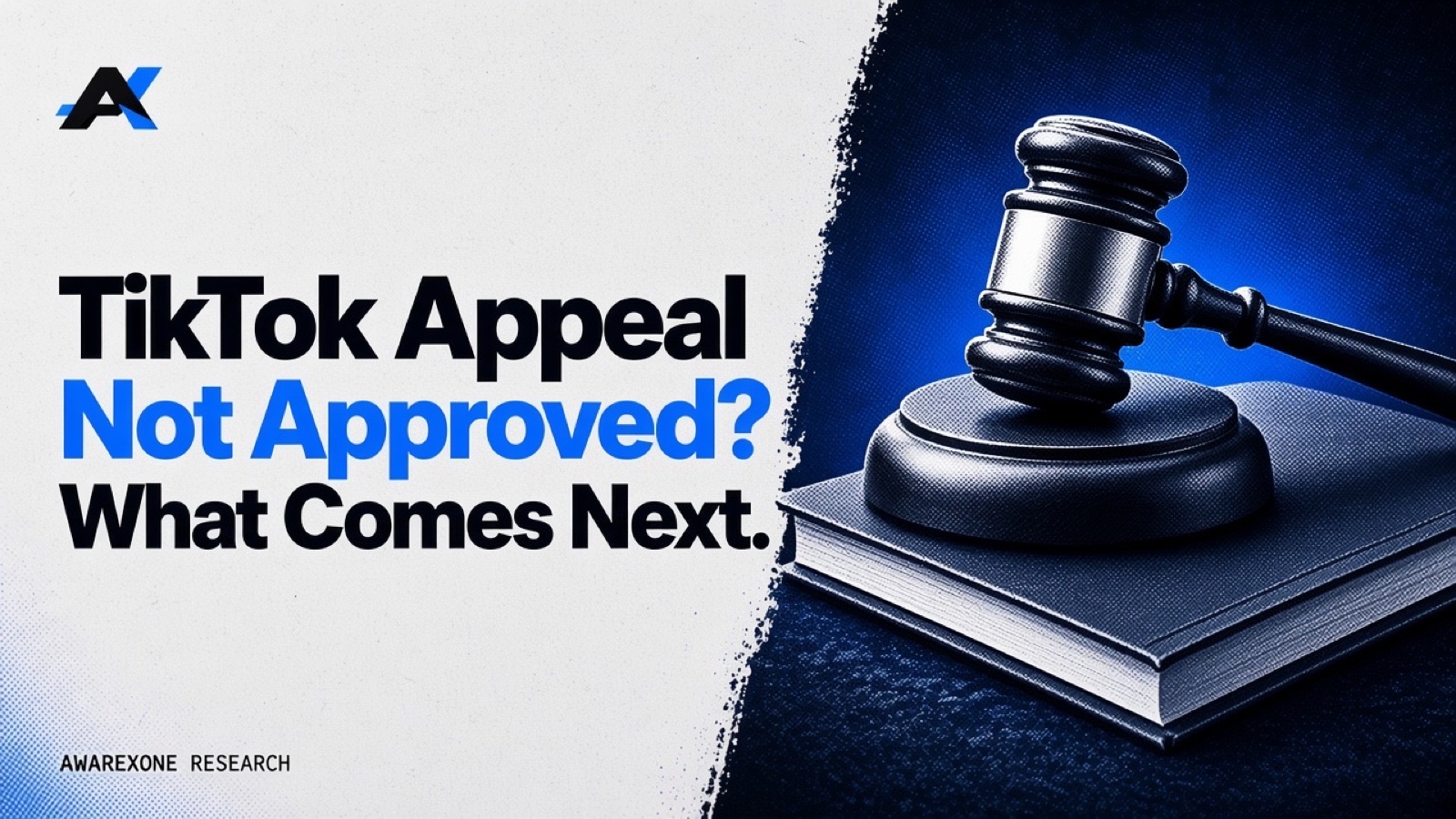 A judge's gavel resting on its block on a closed book in blue halftone, beside the headline TikTok Appeal Not Approved? What Comes Next.