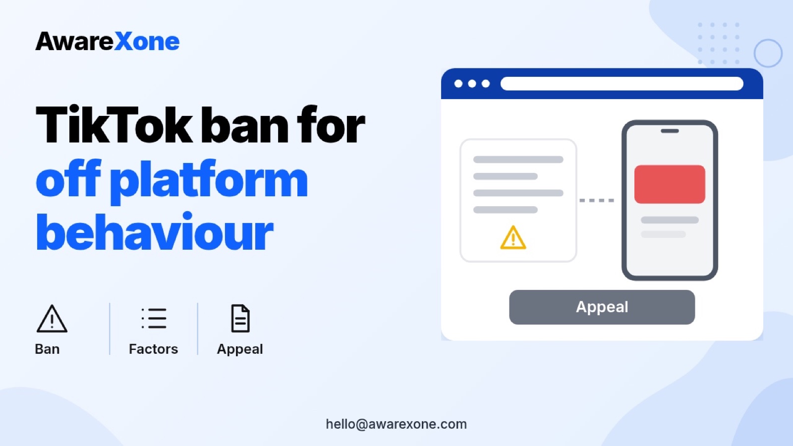 Flat illustration of an off platform news report linked to a TikTok ban notice on a phone, showing an appeal for off platform behaviour.