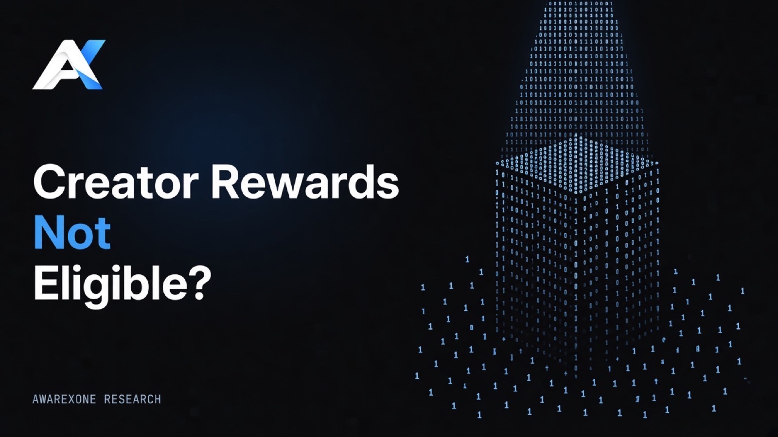 An empty display pedestal lit by a single spotlight drawn in blue binary digits on a dark background, beside the headline Creator Rewards Not Eligible?