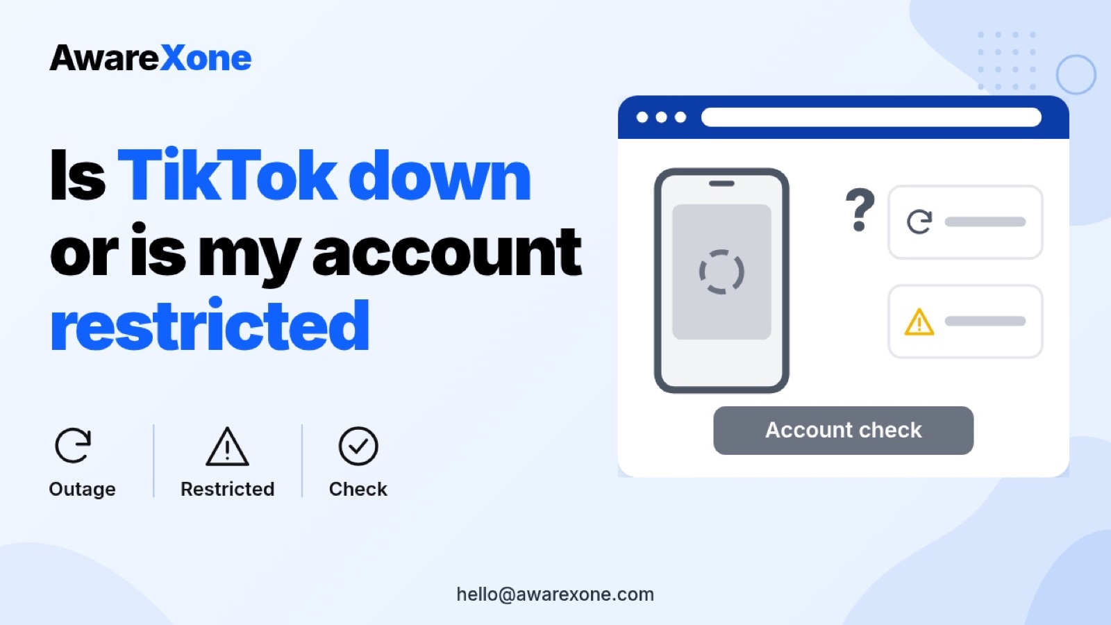 Flat illustration of a frozen TikTok feed on a phone with two cards comparing an outage and an account restriction, showing how to tell which it is.