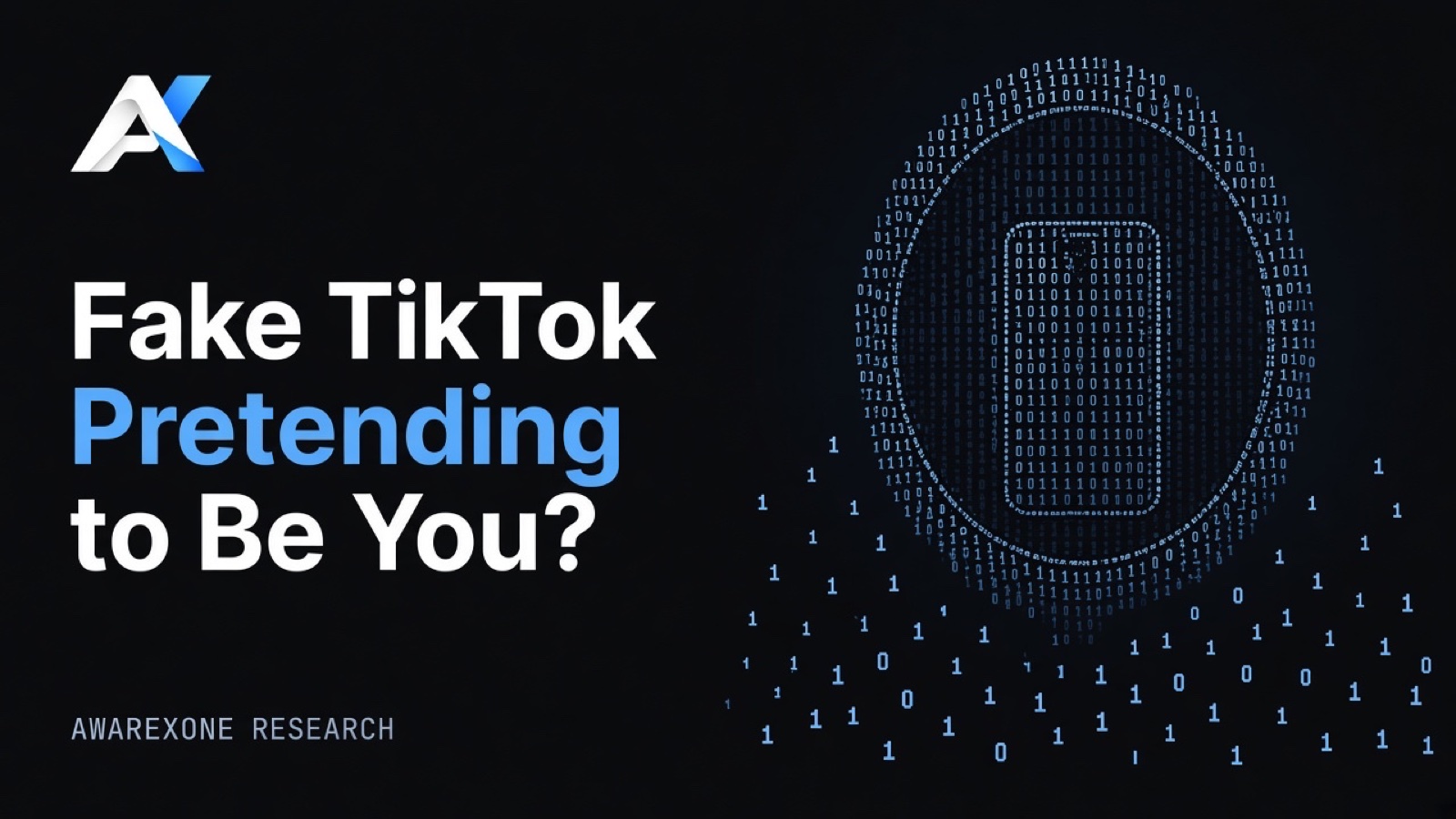 A round mirror reflecting a smartphone drawn in blue binary digits on a dark background, beside the headline Fake TikTok Pretending to Be You?
