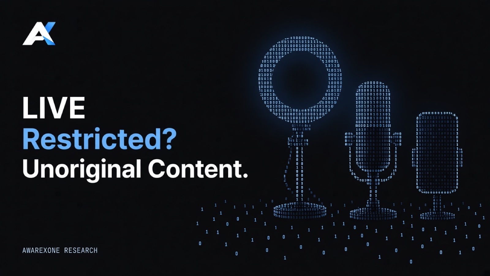 A ring light and two studio microphones on stands drawn in blue binary digits on a dark background, beside the headline LIVE Restricted? Unoriginal Content.