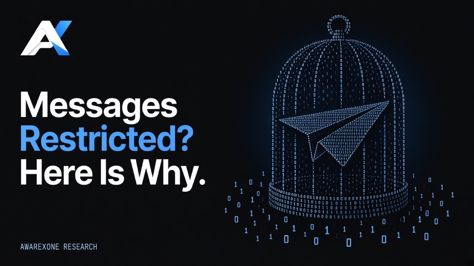A paper aeroplane inside a domed birdcage drawn in blue binary digits on a dark background, beside the headline Messages Restricted? Here Is Why.