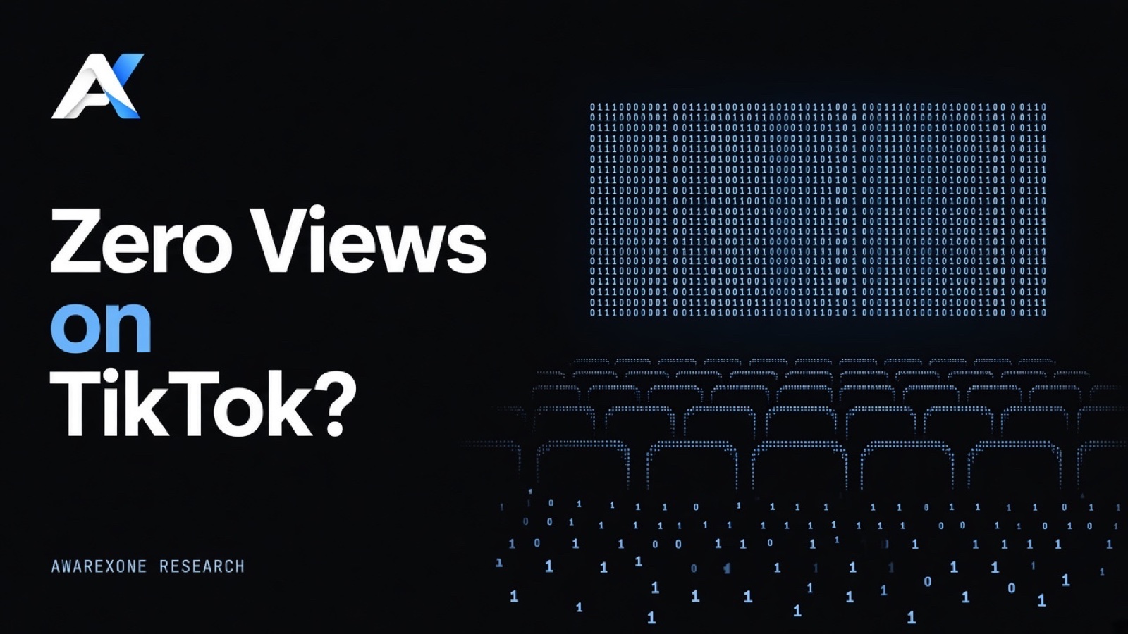 Rows of empty cinema seats facing a blank screen drawn in blue binary digits on a dark background, beside the headline Zero Views on TikTok?