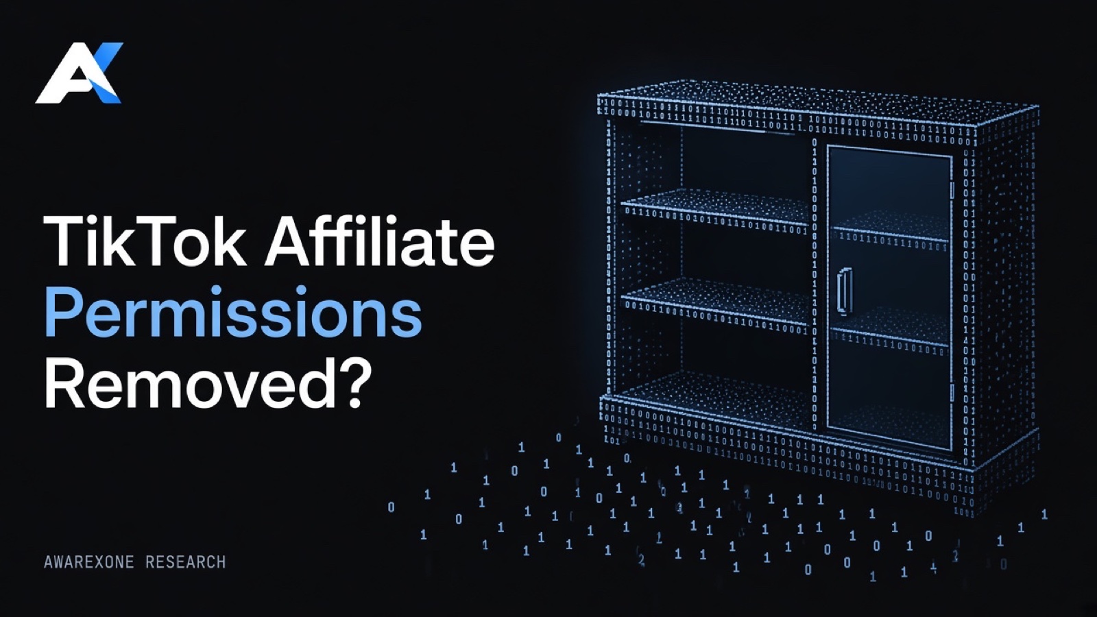 A shop display cabinet with empty shelves and a closed glass door, drawn in blue binary digits on a dark background, beside the headline TikTok Affiliate Permissions Removed?
