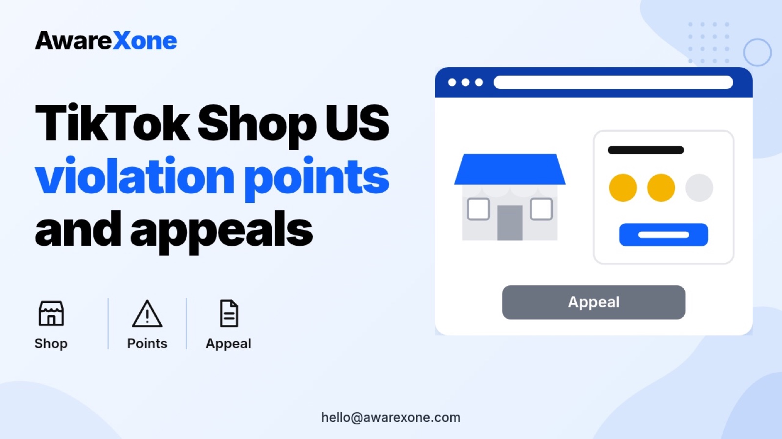 Flat illustration of a TikTok Shop storefront beside a card showing violation points and an appeal button, for the US content policy.