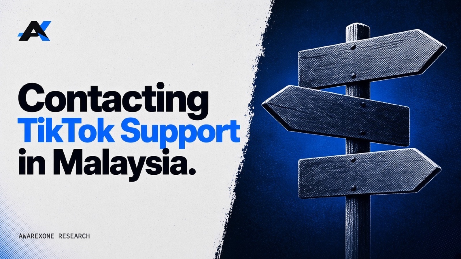 A wooden signpost with three blank arrow boards pointing different ways in blue halftone, beside the headline Contacting TikTok Support in Malaysia.