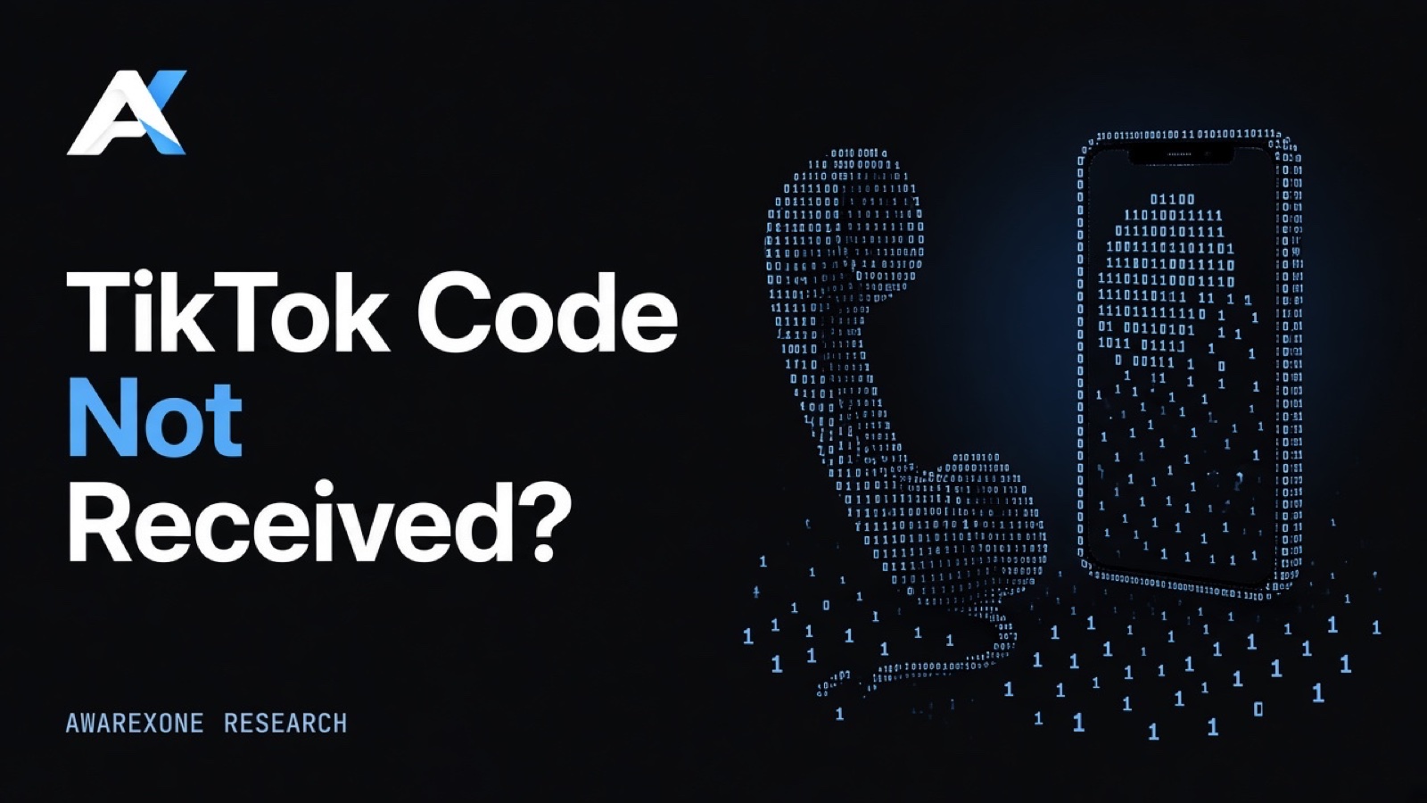 An old telephone handset beside a smartphone drawn in blue binary digits on a dark background, beside the headline TikTok Code Not Received?