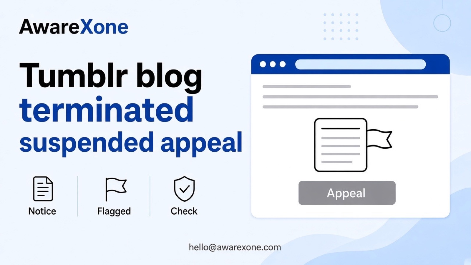 A blogger reads a notice about a flagged blog on a laptop at a desk, after searching tumblr blog terminated suspended appeal blog flagged mature.