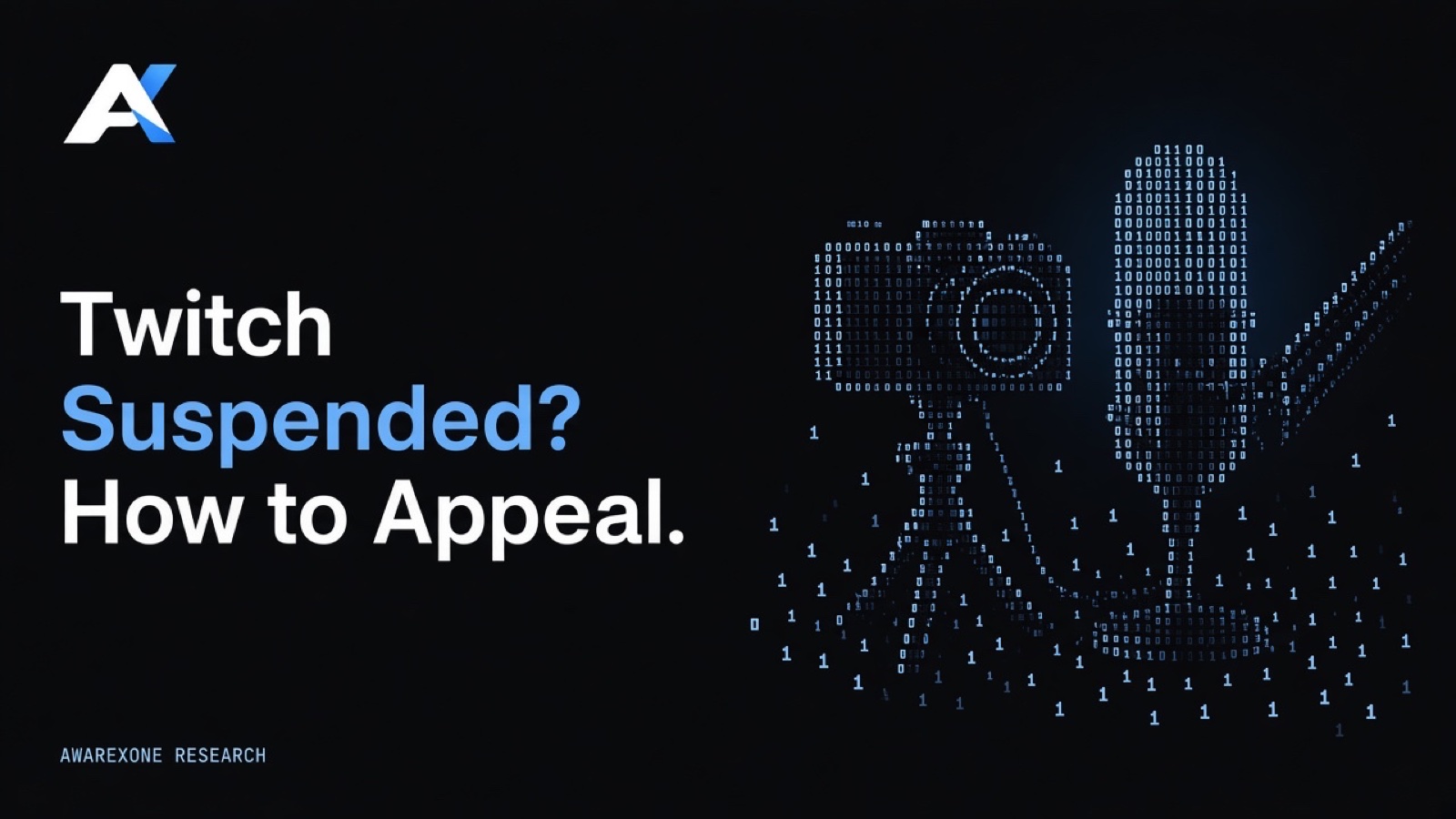 A camera on a small tripod beside a streaming microphone on a boom arm, drawn in blue binary digits on a dark background, beside the headline Twitch Suspended? How to Appeal.