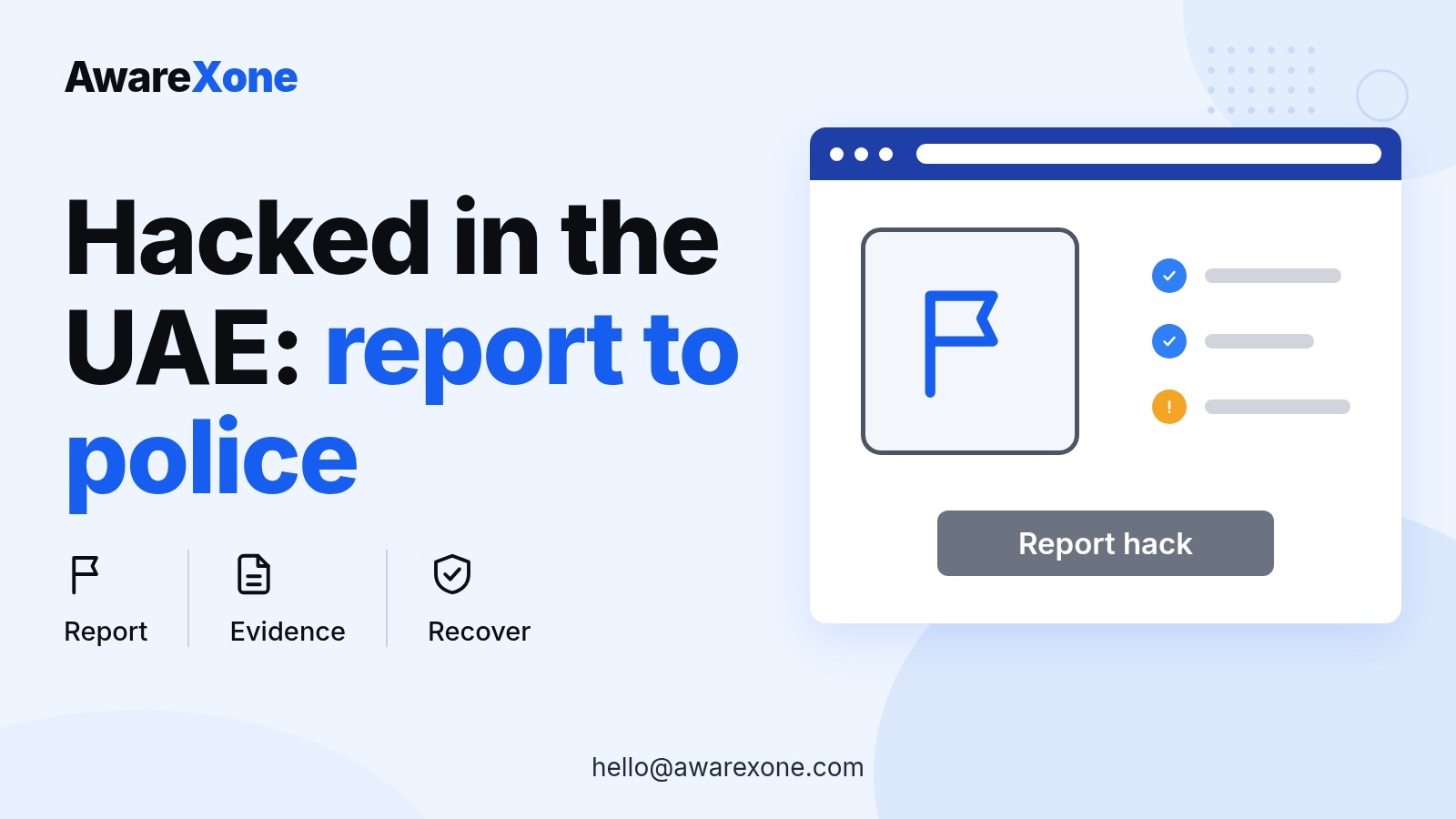 Cover card with a report flag and checklist, for reporting a hacked social account in the UAE.