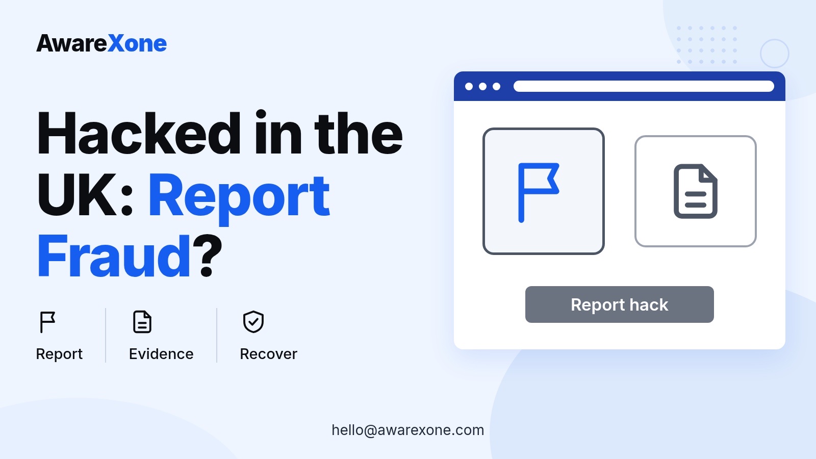 Cover card with a report flag and document, for whether to report a UK hack to Report Fraud.
