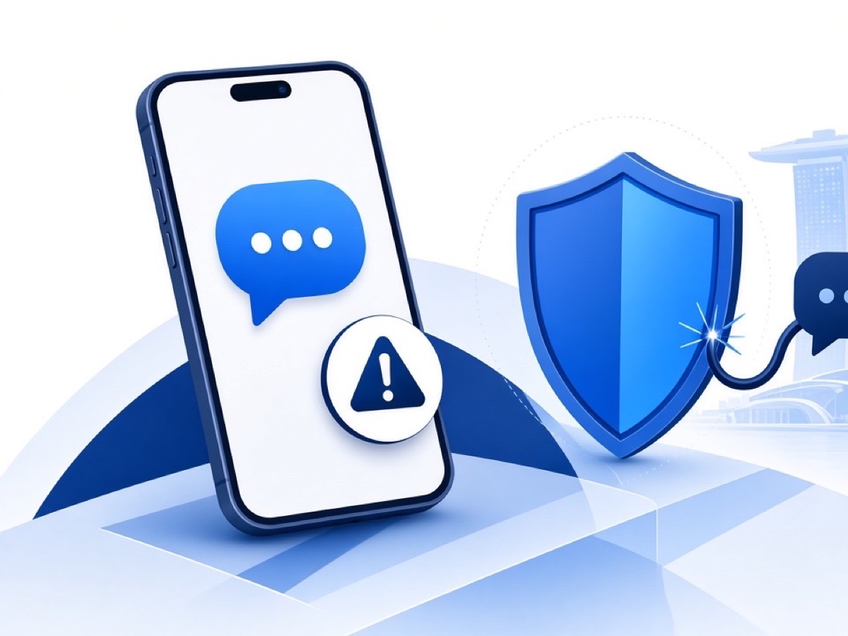 Abstract blue geometric illustration on white for WhatsApp Hacked in Singapore? Recovery & Police Advice.