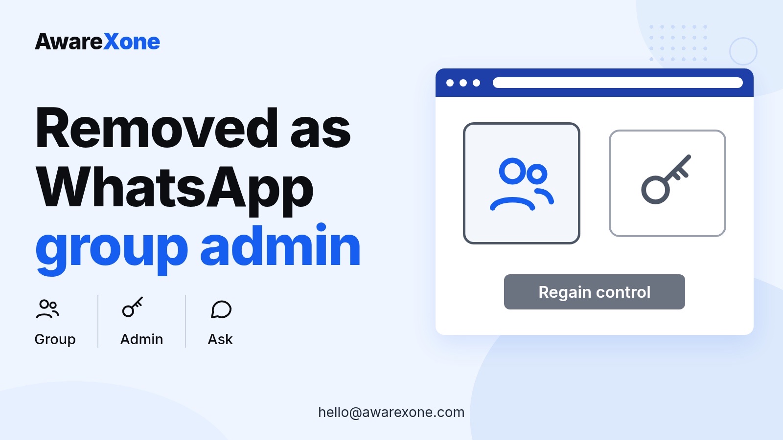 Cover card with a group and key icon, for getting control back after removal as WhatsApp group admin.