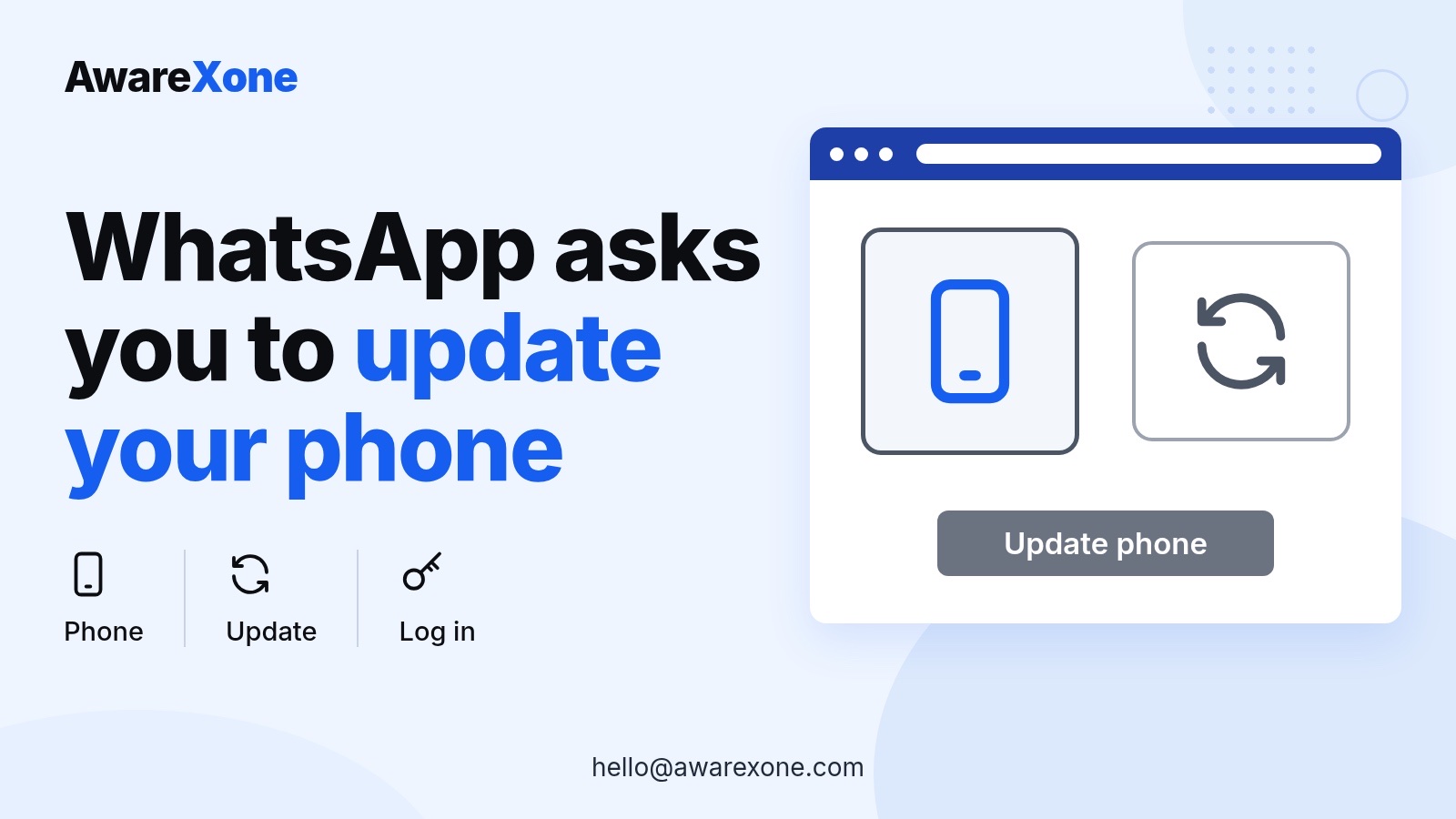 Cover card with a phone and refresh arrows, for WhatsApp's update your phone software message.