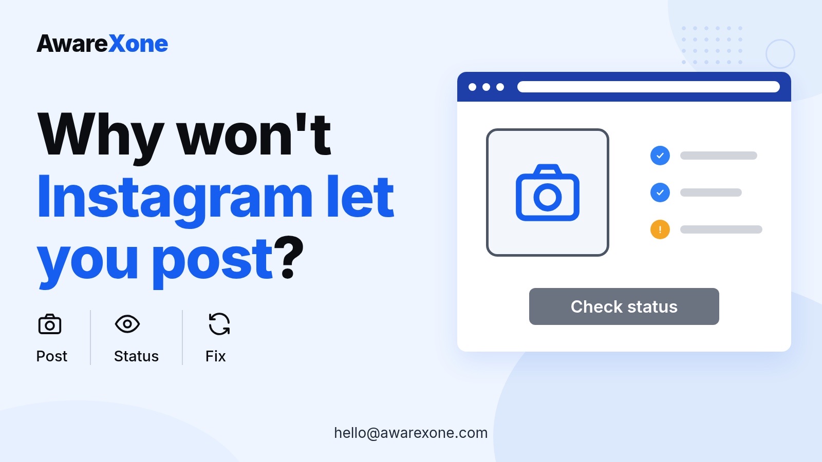 Cover card with a camera icon and status checklist, for when Instagram won't let you post.
