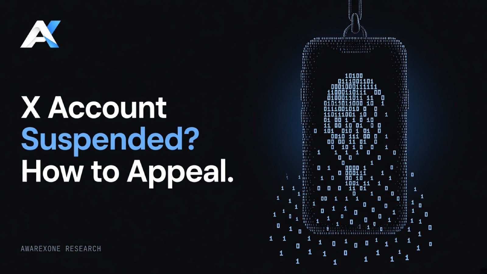 A smartphone hanging from a chain drawn in blue binary digits on a dark background, beside the headline X Account Suspended? How to Appeal.