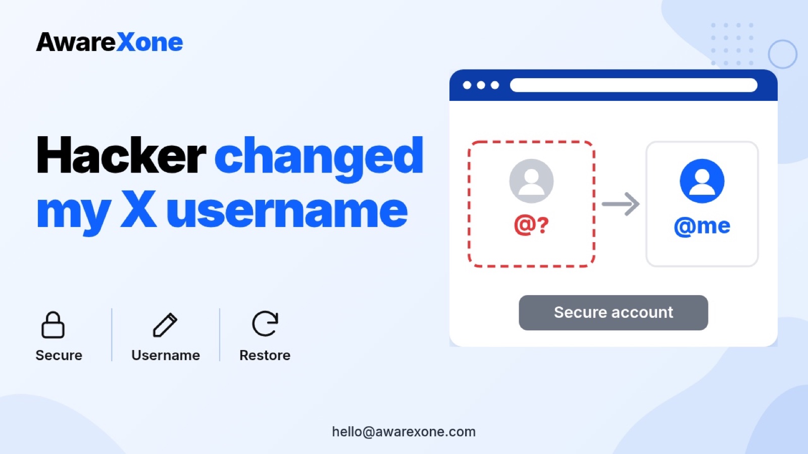 Flat illustration of a hacked X profile with an unknown username next to the restored profile showing the original handle.