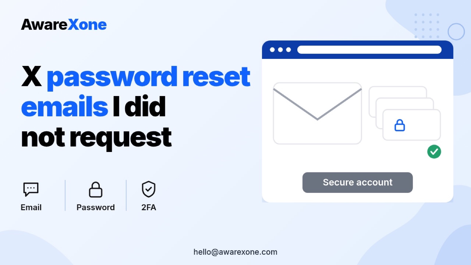Flat illustration of an inbox with several X password reset emails I did not request, beside a lock and a green check for a secured account.