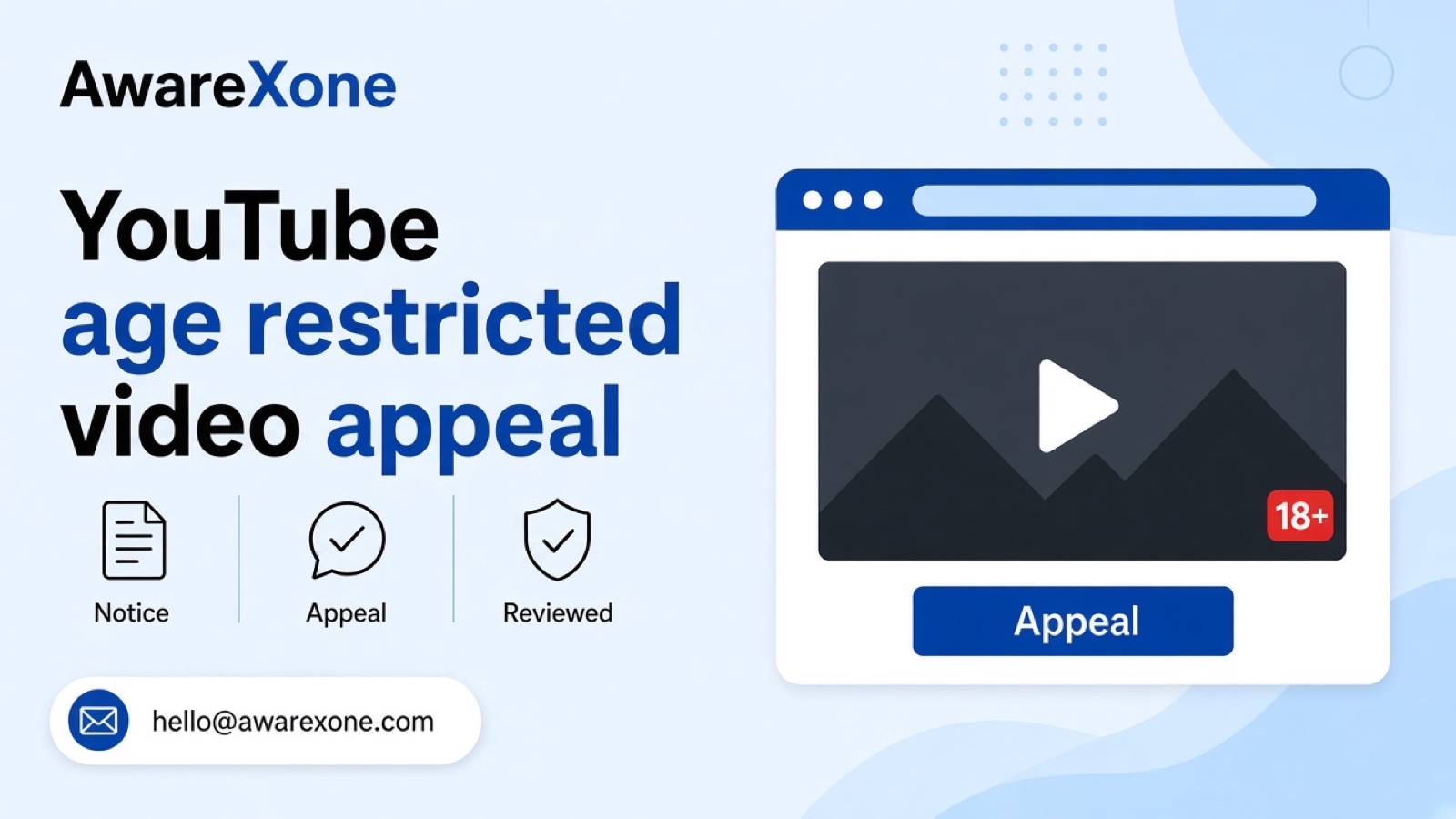 A video creator reviews a notice in YouTube Studio on his laptop after searching youtube age restricted video appeal, with a notebook of appeal points beside him.