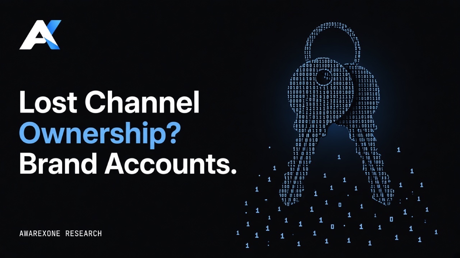 Two keys on a ring drawn in blue binary digits on a dark background, beside the headline Lost Channel Ownership? Brand Accounts.