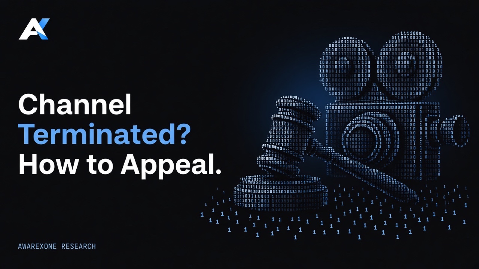 A gavel in front of a vintage film camera drawn in blue binary digits on a dark background, beside the headline Channel Terminated? How to Appeal.