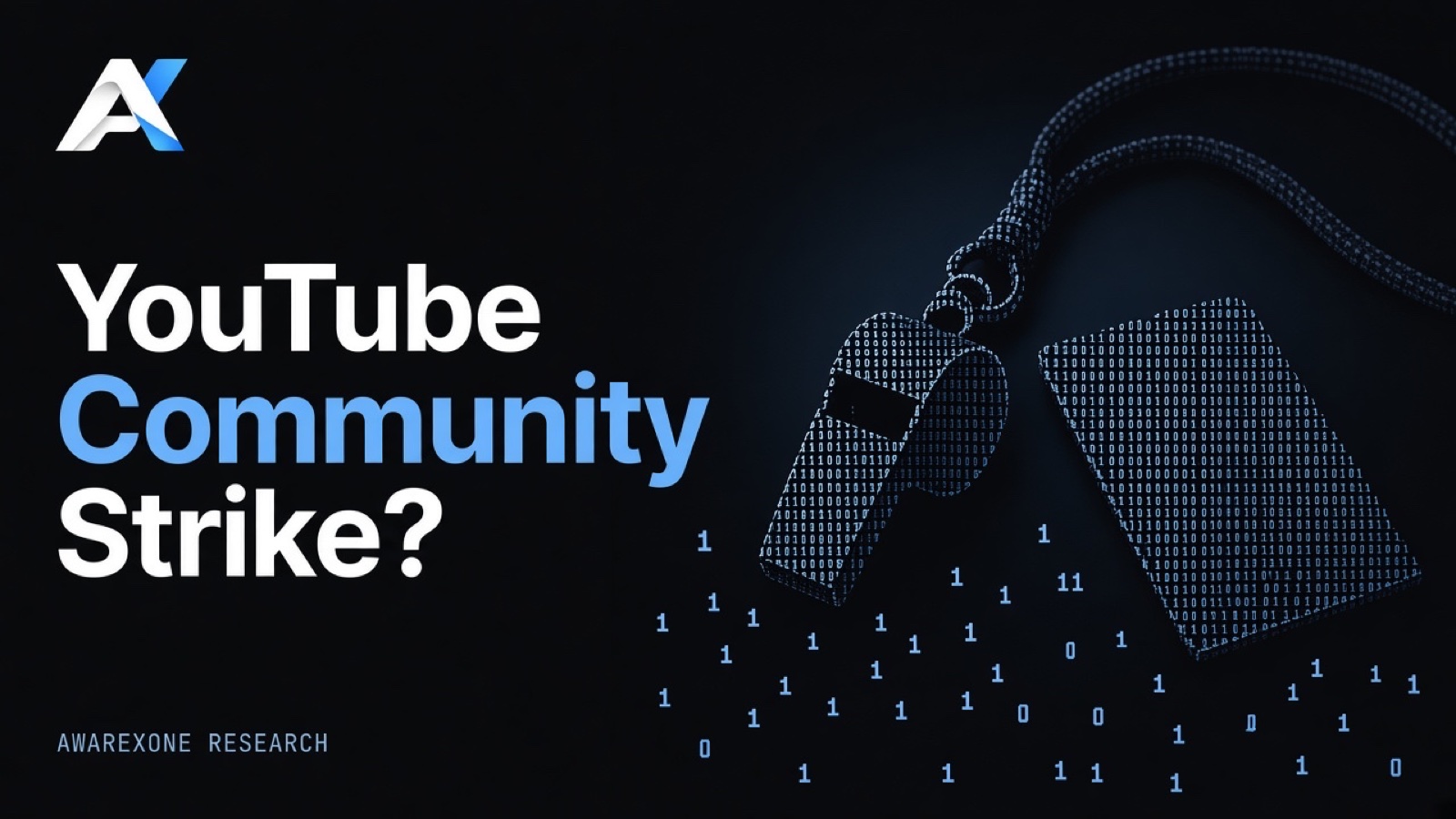 A referee whistle on a lanyard beside a blank card drawn in blue binary digits on a dark background, beside the headline YouTube Community Strike?