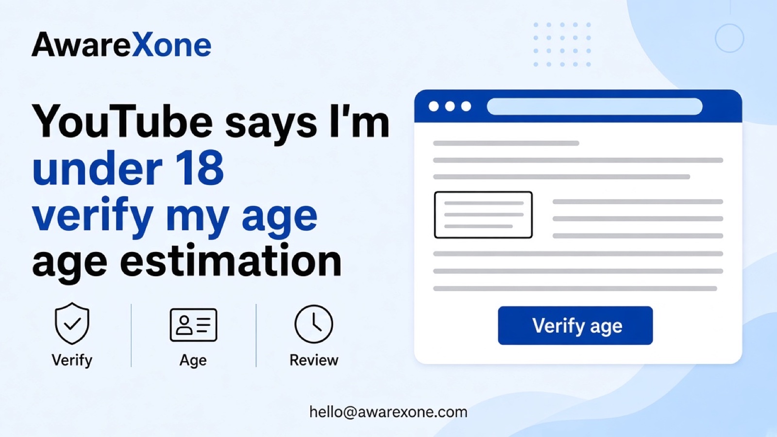 A young adult looks at an age verification screen on a laptop after searching youtube says i'm under 18 verify my age age estimation, with a passport on the desk beside them.