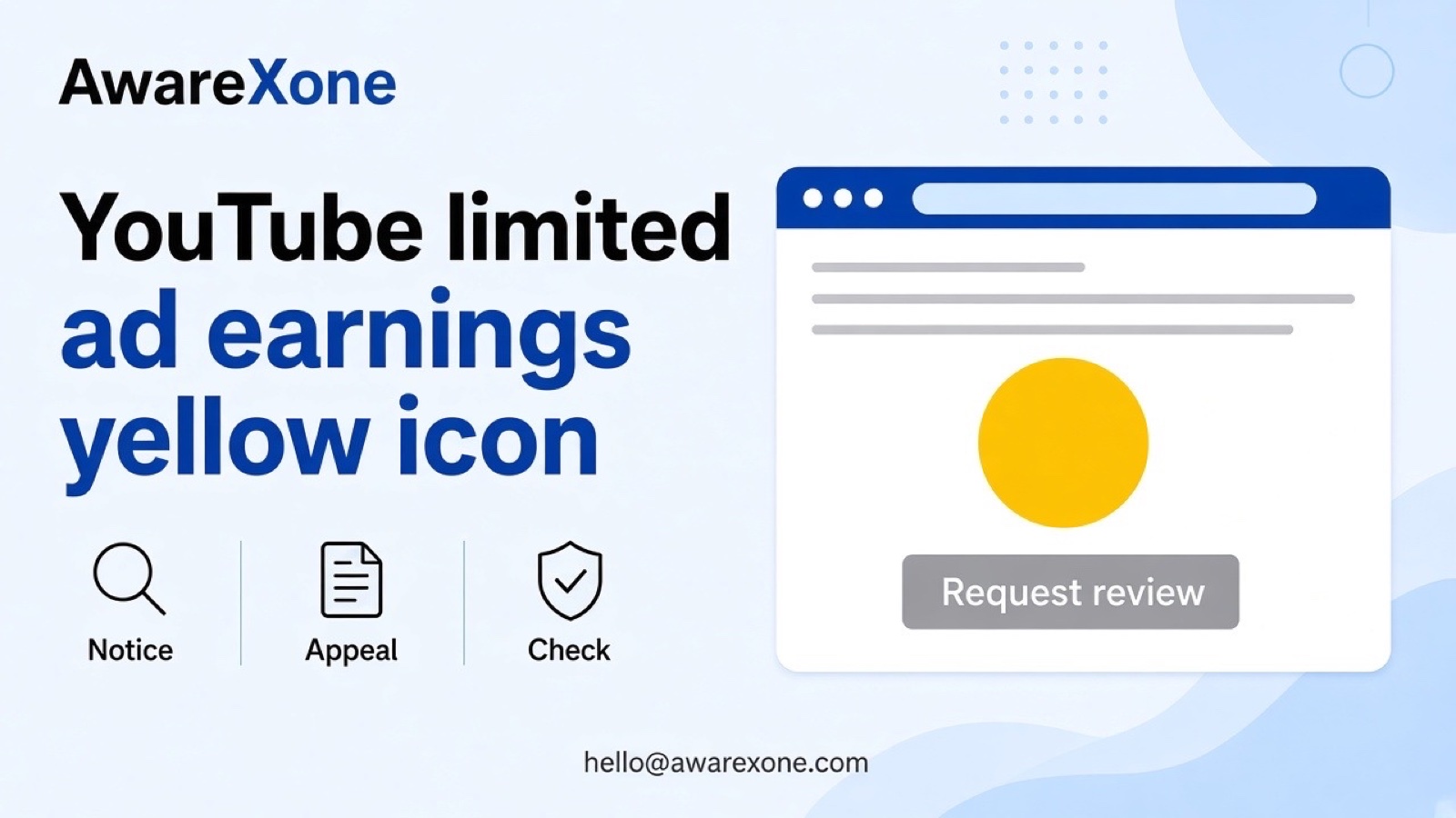 A creator looks at the Notices column in YouTube Studio on a laptop, after searching youtube limited ad earnings yellow icon request review.