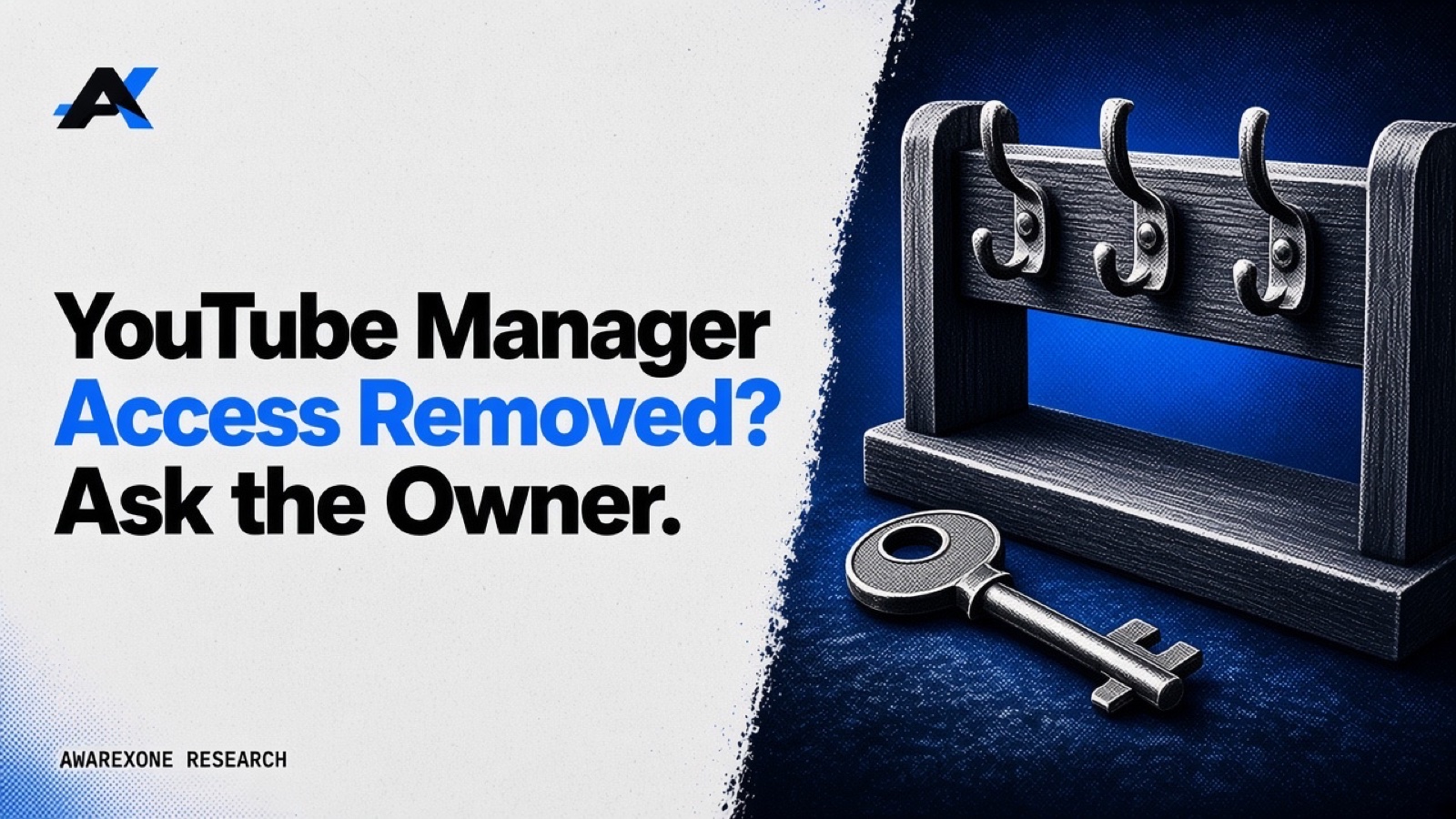 A wooden key rack with empty hooks and a key lying on the ground below it in blue halftone, beside the headline YouTube Manager Access Removed? Ask the Owner.