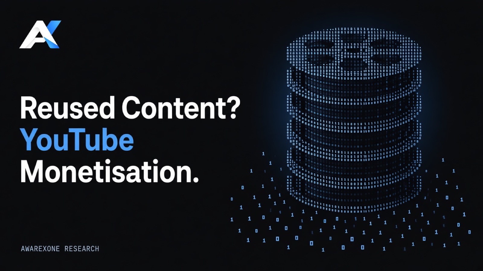 A stack of identical film reels drawn in blue binary digits on a dark background, beside the headline Reused Content? YouTube Monetisation.
