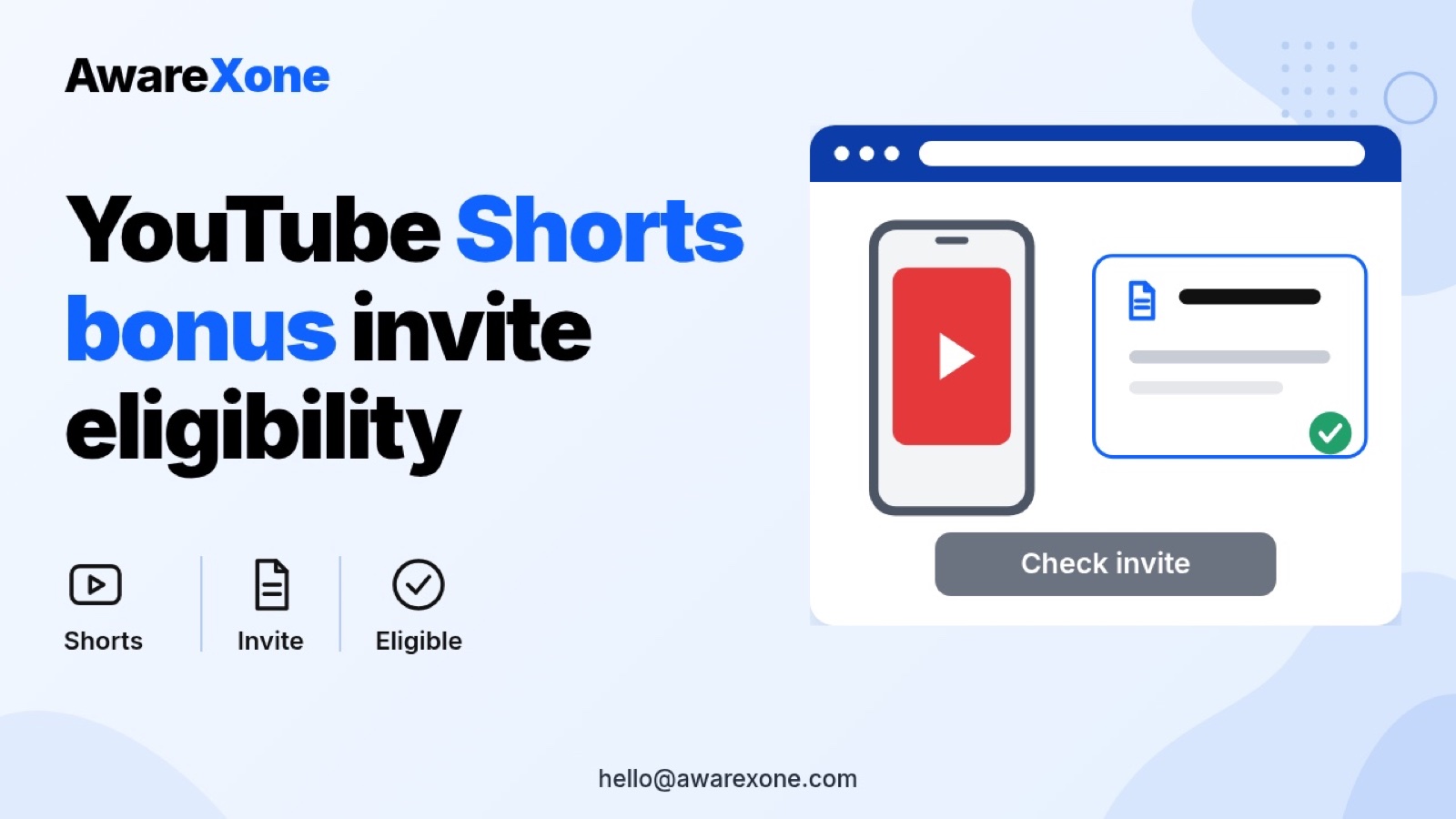 Flat illustration of a YouTube Shorts video on a phone beside a bonus program invite card with a green check for eligibility.