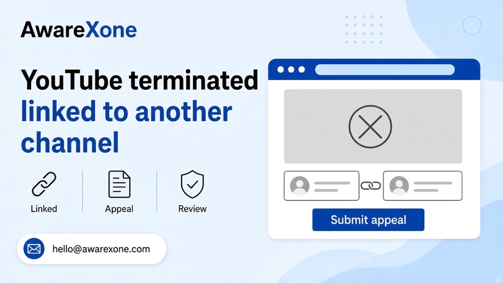 A creator reads a termination notice in YouTube Studio on his laptop after searching youtube channel terminated linked to another terminated channel, with notes for his appeal beside him.