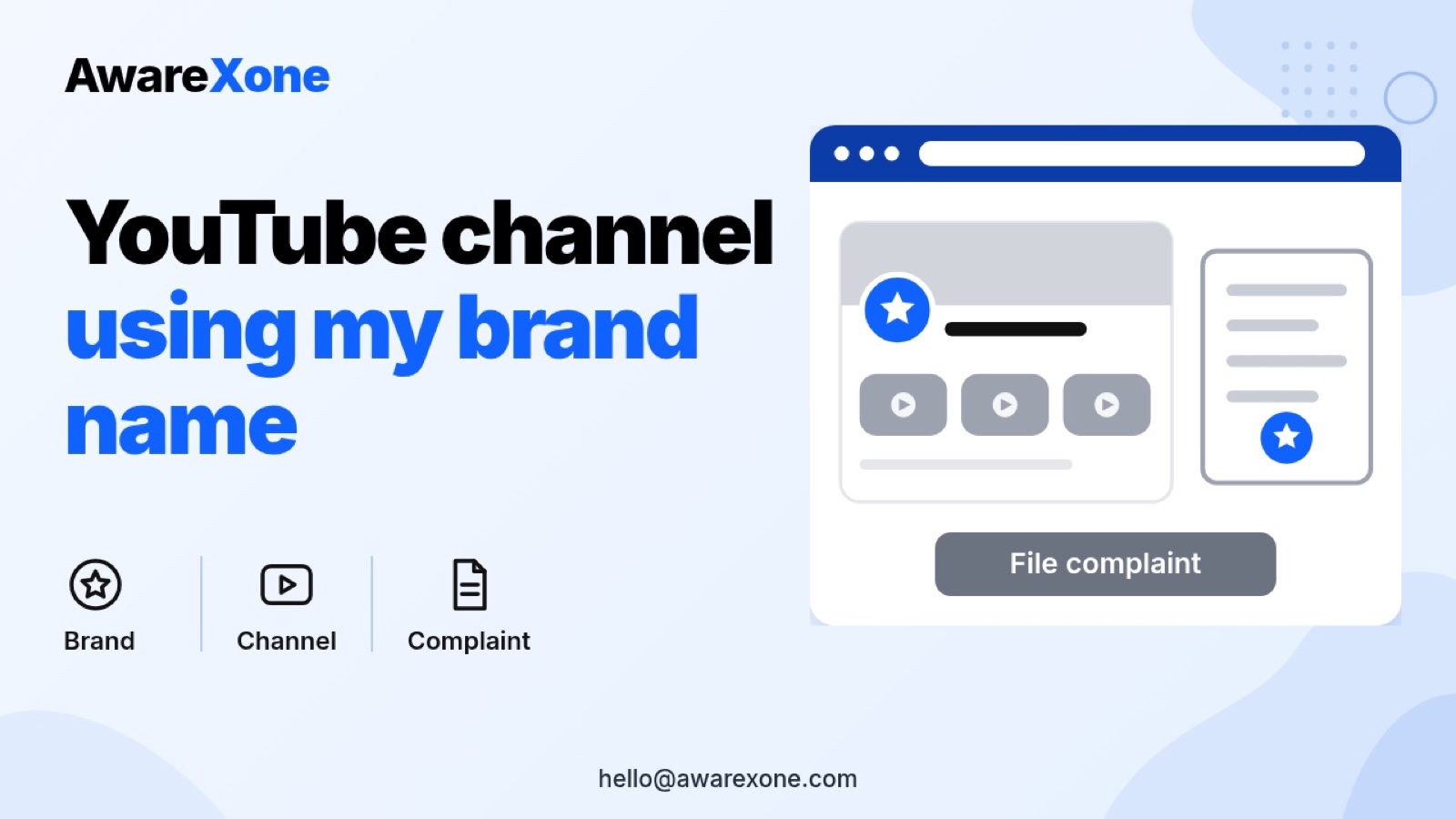 Flat illustration of a YouTube channel using my brand name and logo next to a trademark complaint form, showing how to file a trademark complaint.